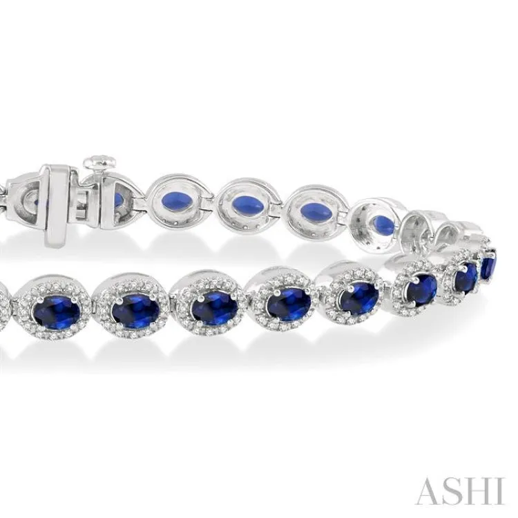 1 Ctw Round Cut Diamond & 4x3 MM Oval Cut Sapphire Precious Bracelet in 14K White Gold