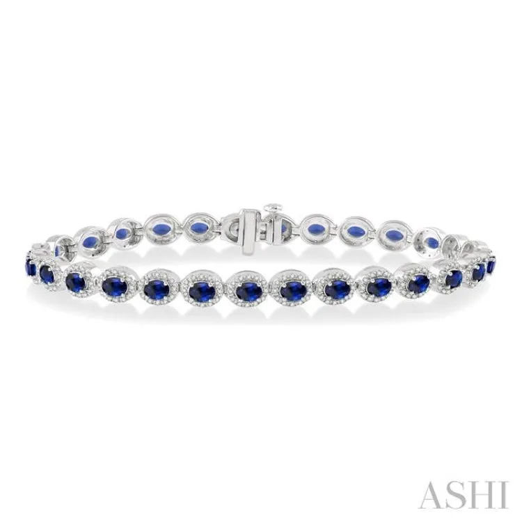 1 ctw Round Cut Diamond & 4x3MM Oval Cut Sapphire Precious Bracelet in 14K White Gold