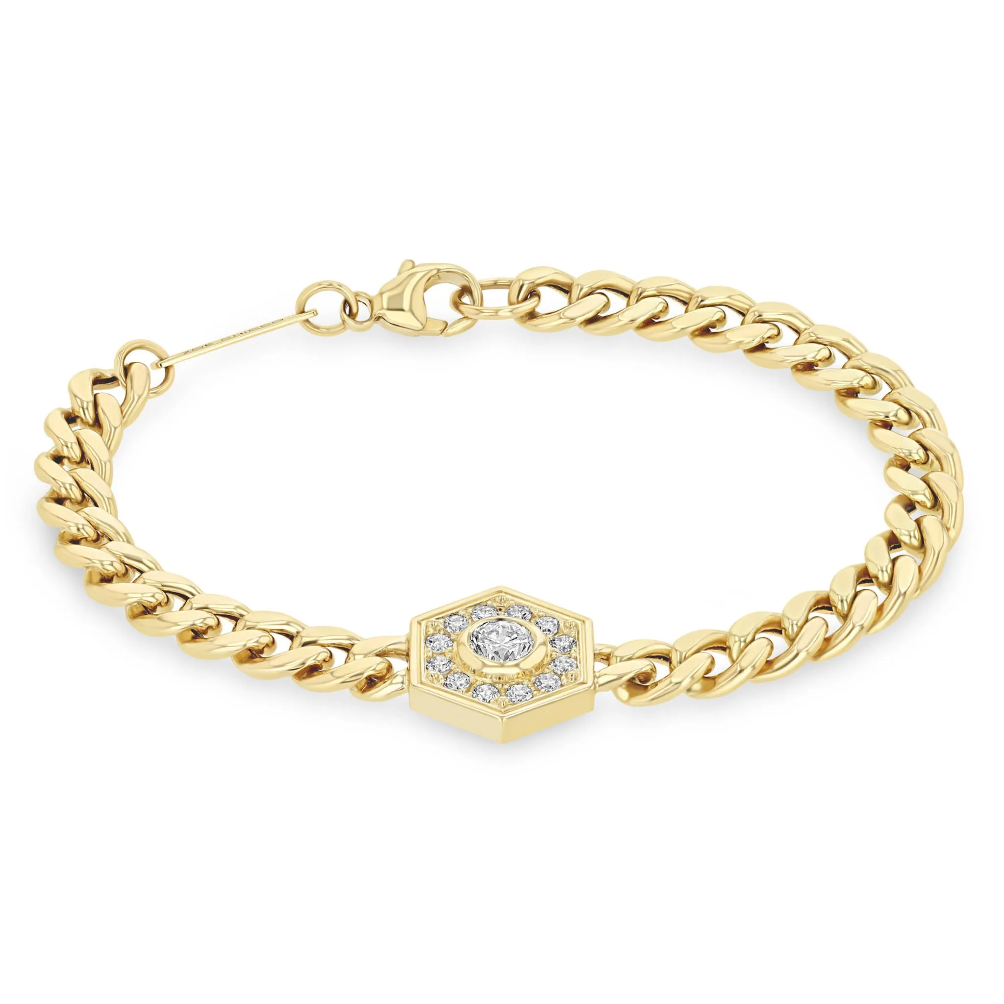 14k Large Curb Chain Diamond Hexagon Halo Bracelet