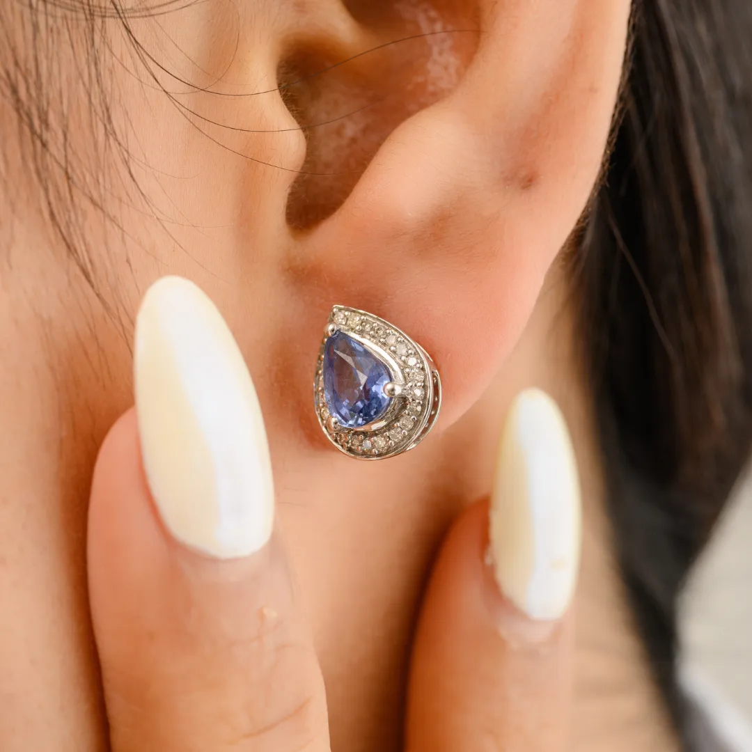 14K Pear Cut Blue Sapphire Halo Diamond Studs