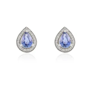 14K Pear Cut Blue Sapphire Halo Diamond Studs