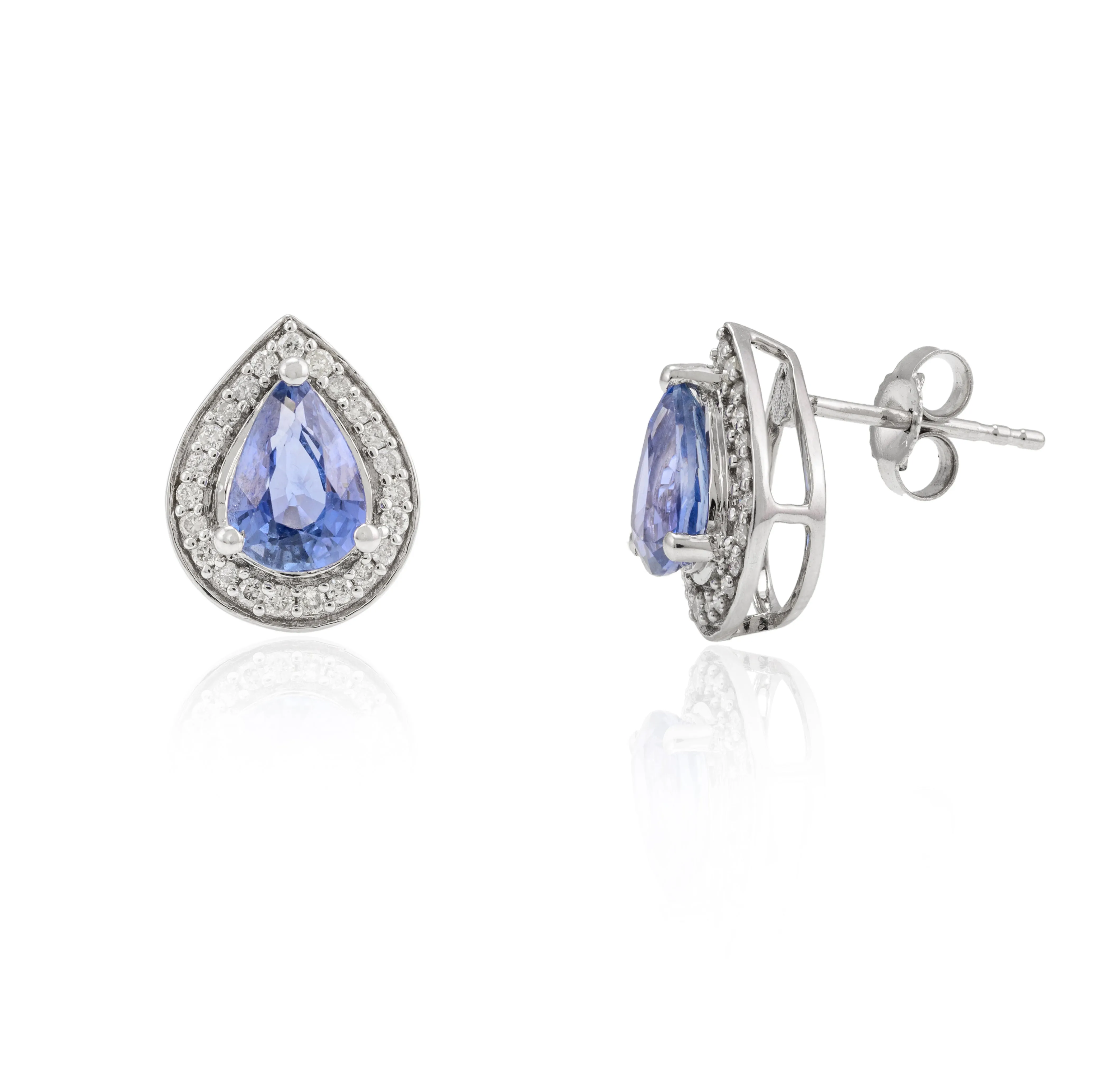 14K Pear Cut Blue Sapphire Halo Diamond Studs