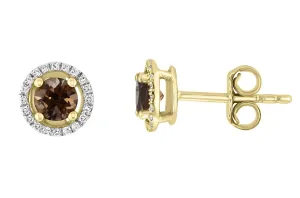 14K Yellow Gold 0.70ctw Smoky Quartz & Diamond Halo Stud Earrings