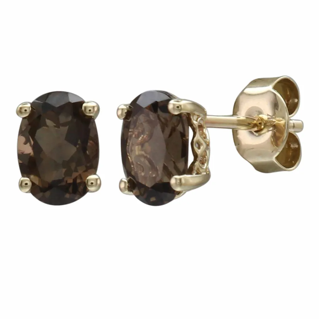 14K Yellow Gold 1.58ctw Oval Smoky Quartz Stud Earrings