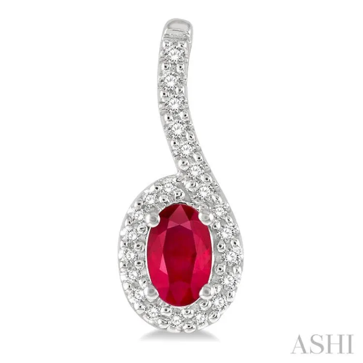 1/6 Ctw Hanging Arm 5X3MM Oval Cut Ruby and Round Cut Diamond Precious Earring in 10K White Gold