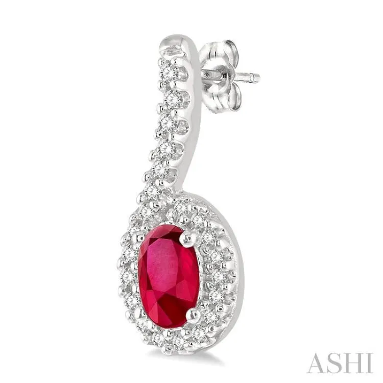 1/6 Ctw Hanging Arm 5X3MM Oval Cut Ruby and Round Cut Diamond Precious Earring in 10K White Gold