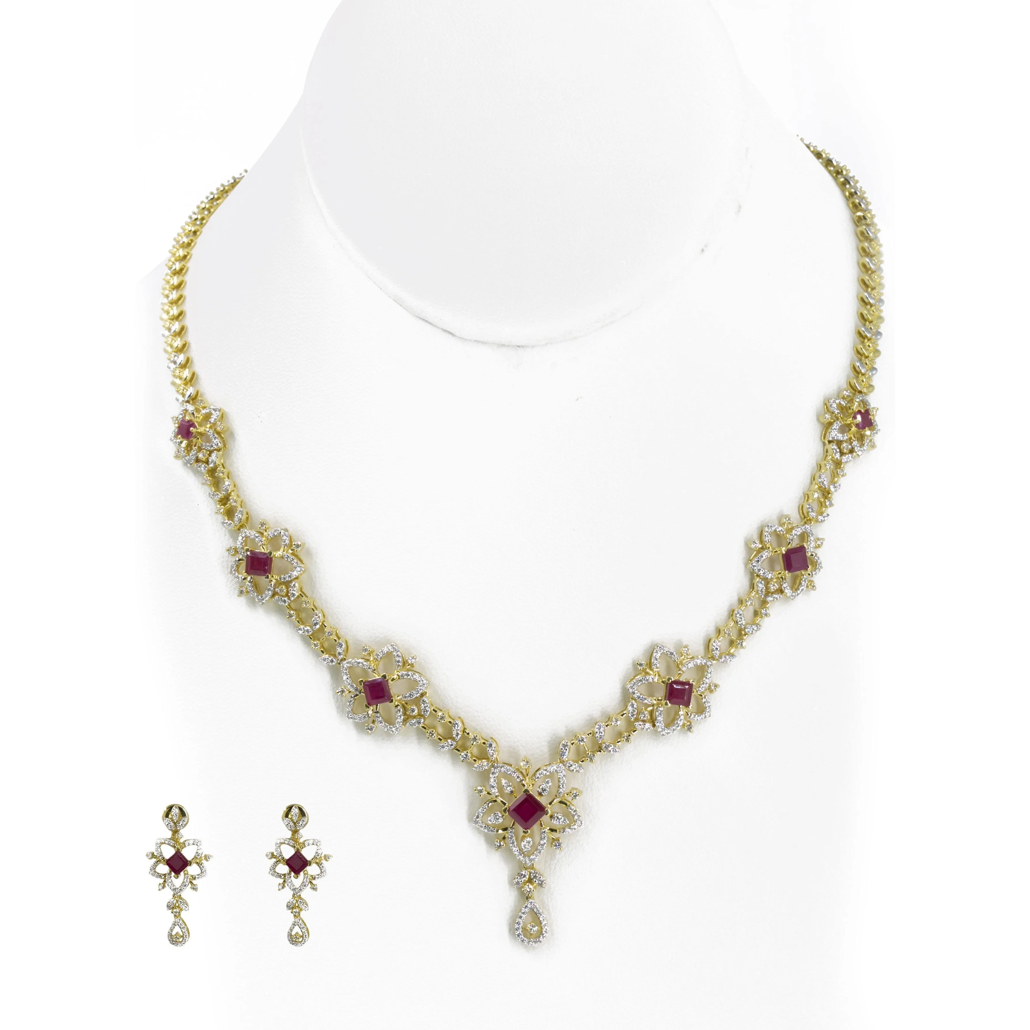 18K Multi Tone Gold Diamond Earrings & Necklace Set W/ VVS Diamonds on Flower Accented Chain