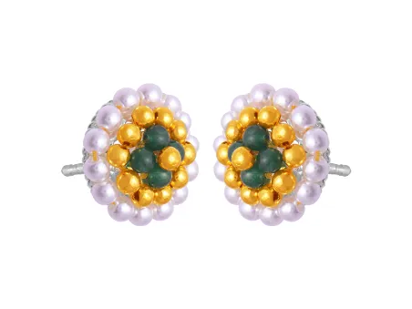 22k Majestic Pearl & Green Beads Tushi Gold Stud Earrings