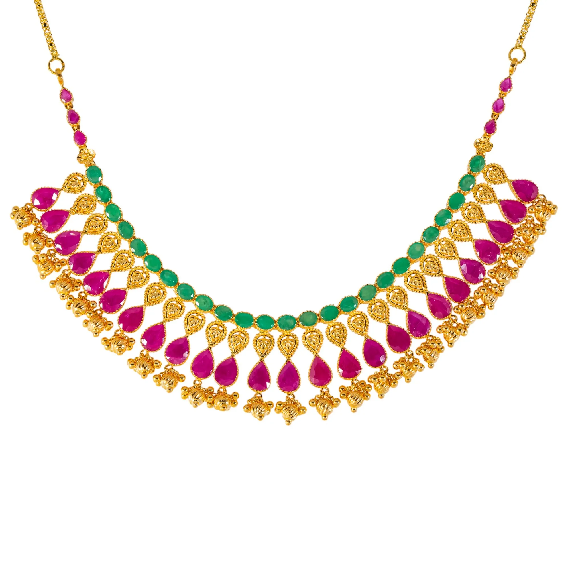 22k Yellow Gold, Emerald & Ruby Necklace Set (83.5gm)