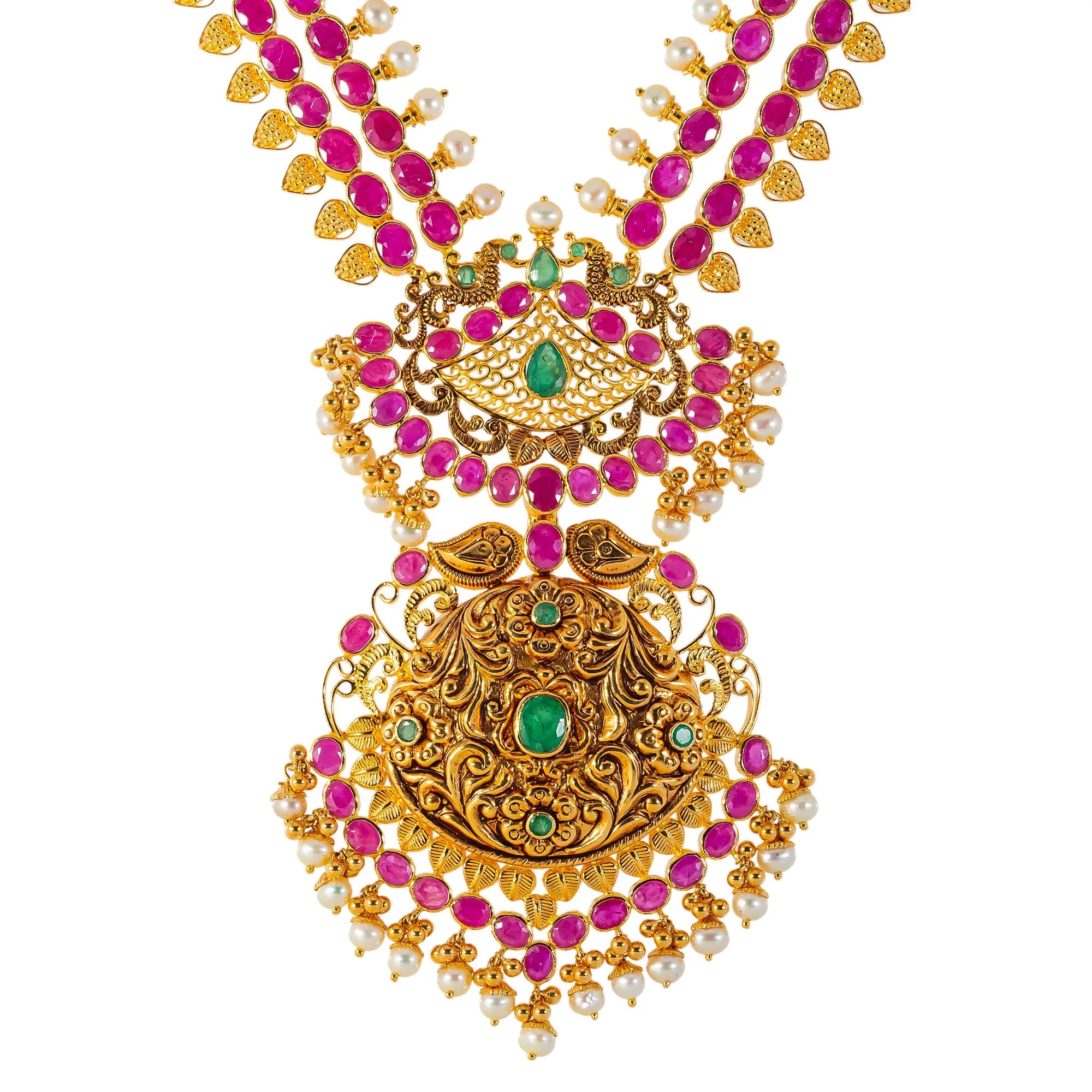 22k Yellow Gold, Emerald, Ruby, & Pearl Temple Necklace Set  (132.2gm)