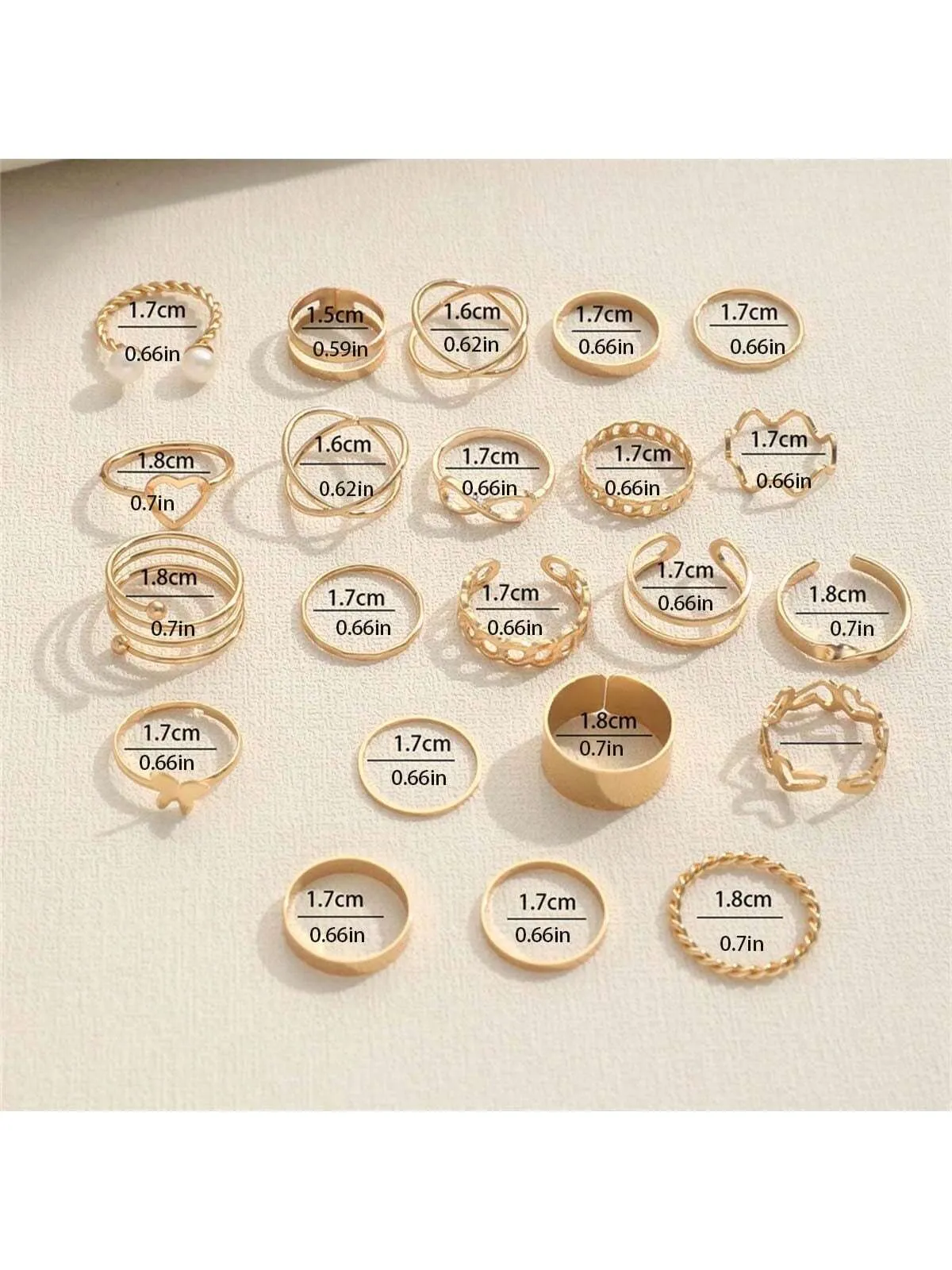 22pcs Simple & Versatile Personality Butterfly Rings With Multi-Joint Design, Niche Heart-Shaped Rings For Women, Gold Color