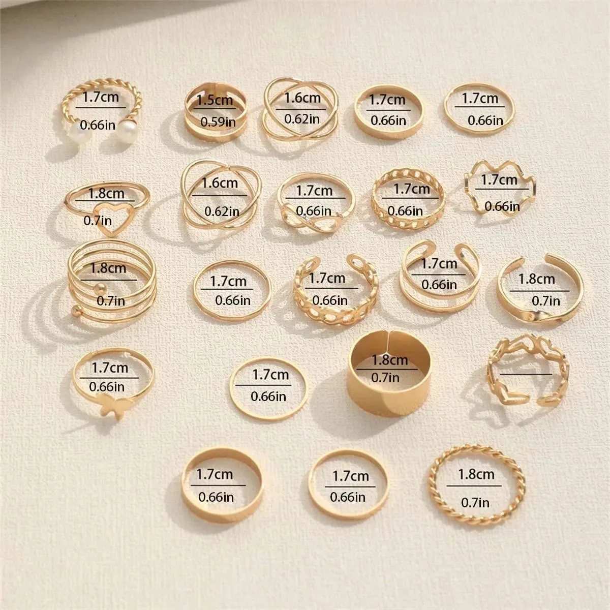 22pcs Simple & Versatile Personality Butterfly Rings With Multi-Joint Design, Niche Heart-Shaped Rings For Women, Gold Color