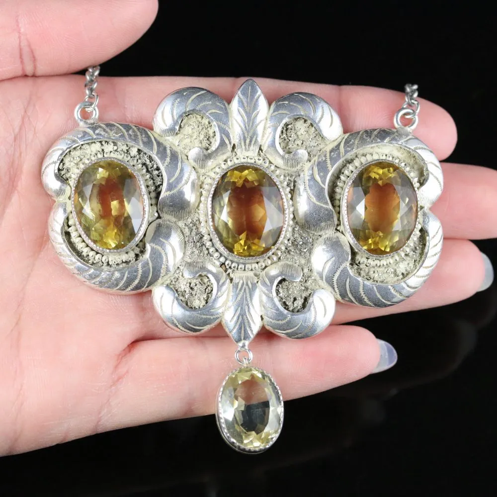 Antique Edwardian Citrine Lavaliere Necklace Sterling Silver