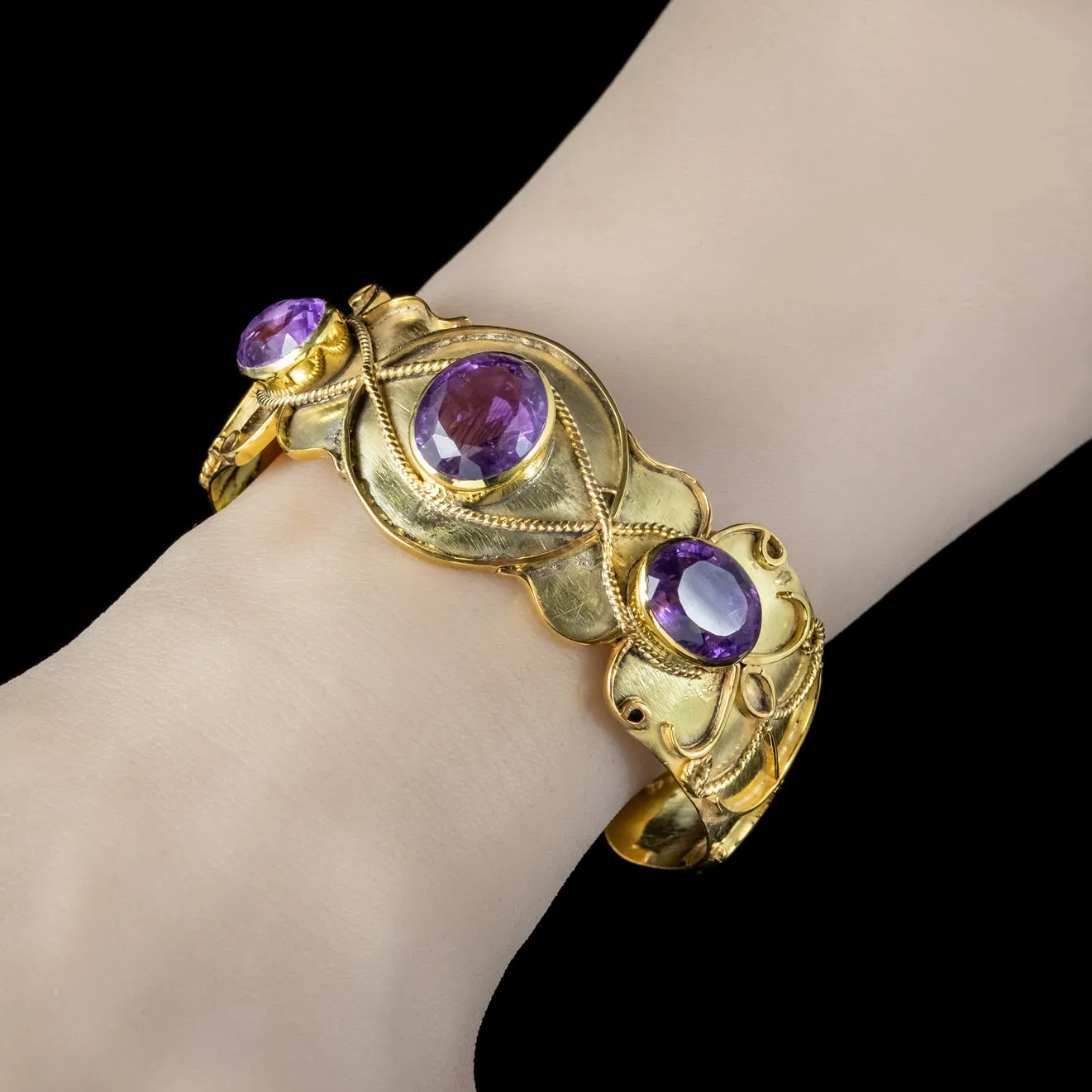 Antique Victorian Etruscan Amethyst Bangle 18ct Gold On Silver Circa 1880