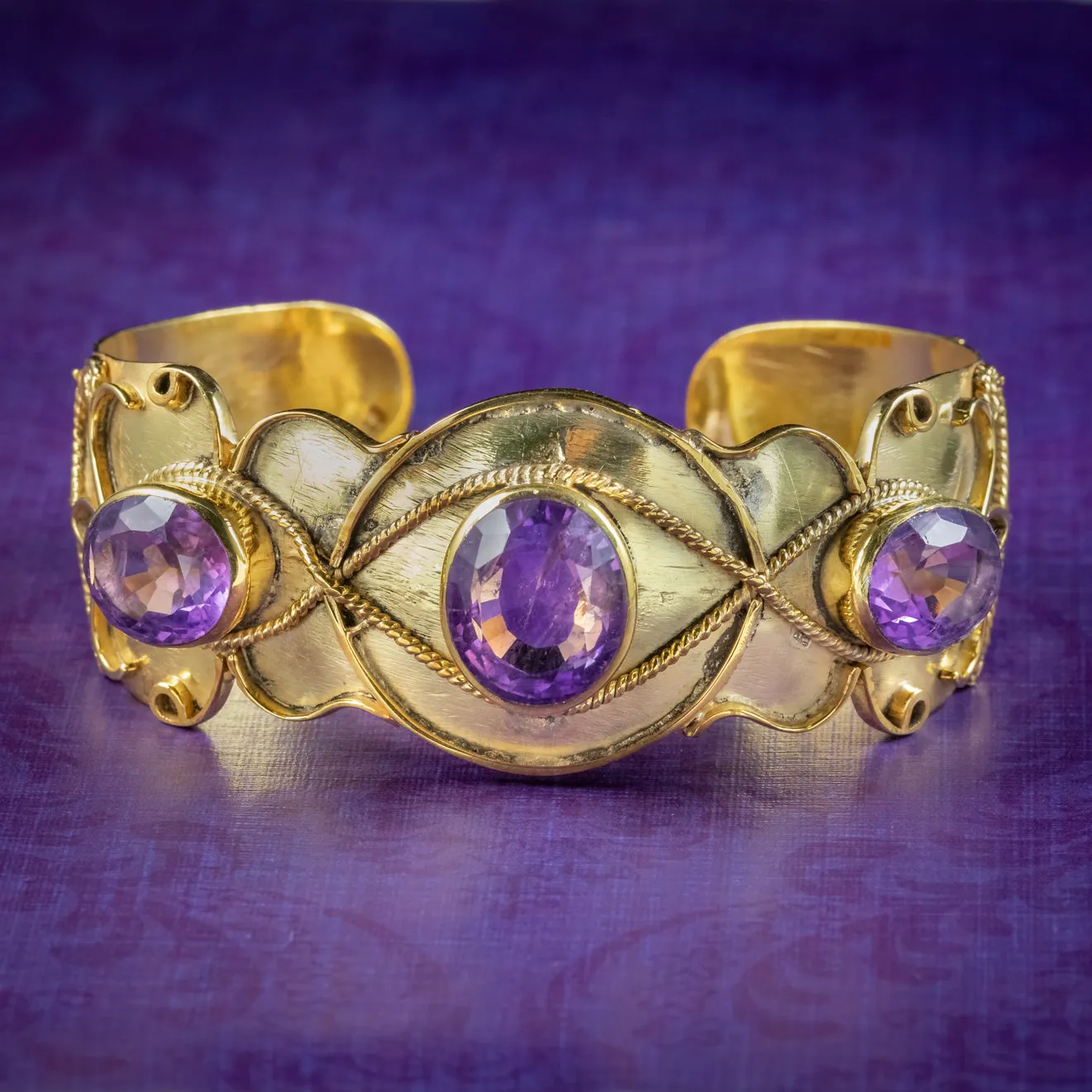 Antique Victorian Etruscan Amethyst Bangle 18ct Gold On Silver Circa 1880