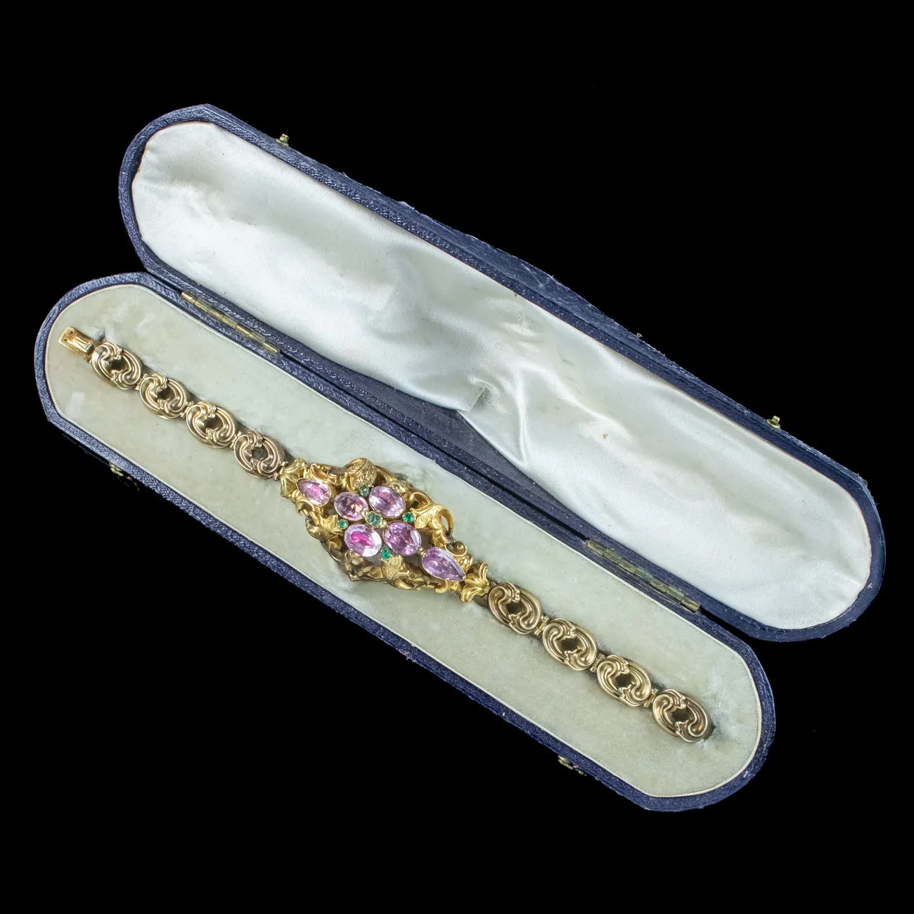 Antique Victorian Pink Topaz Emerald Bracelet 18ct Gold With Box