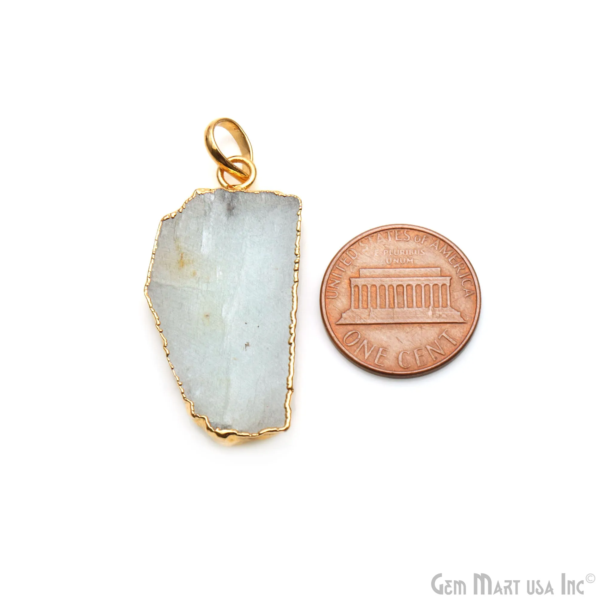 Aquamarine Free Form shape 35x18mm Gold Electroplated Gemstone Single Bail Pendant