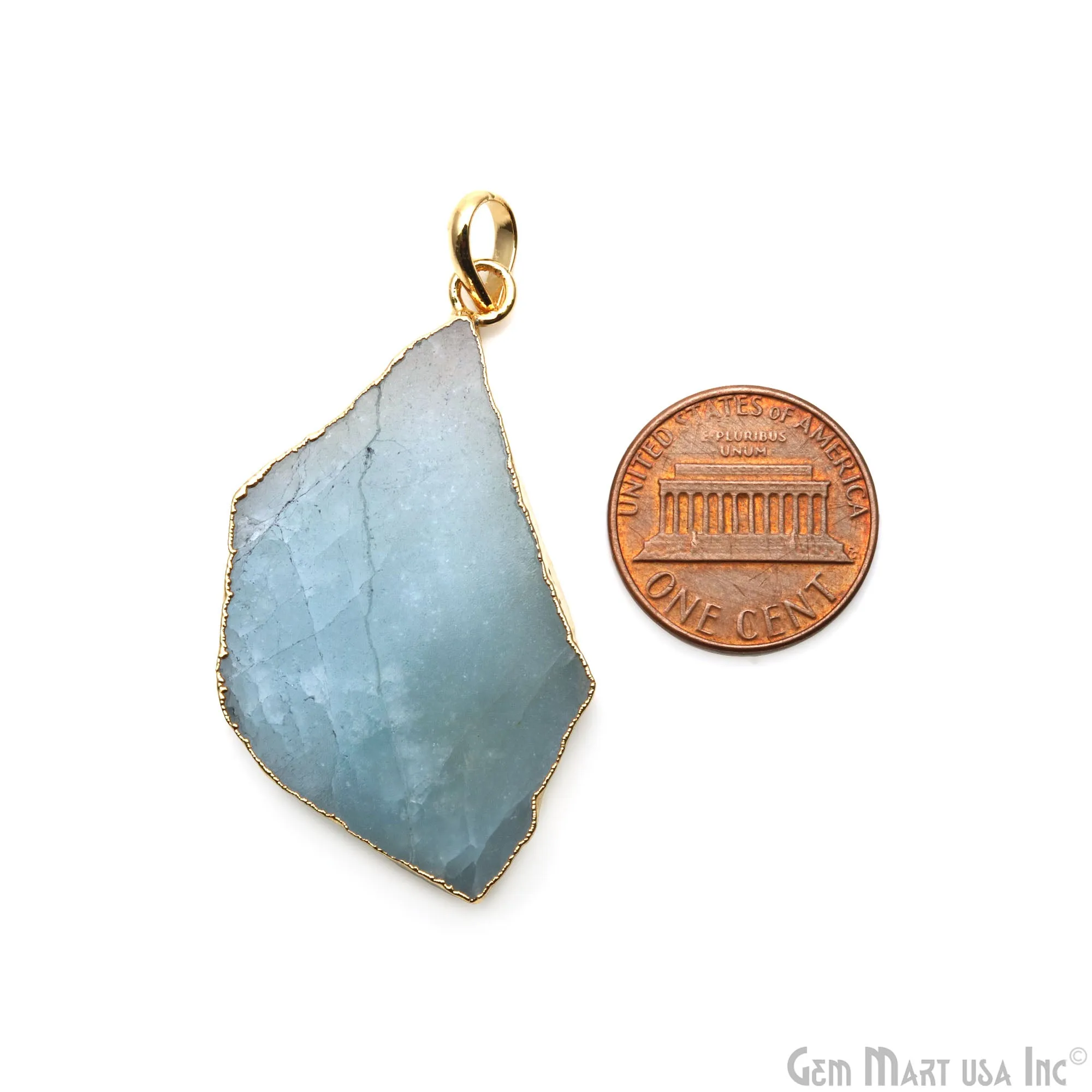 Aquamarine Free Form shape 44x25mm Gold Electroplated Gemstone Single Bail Pendant