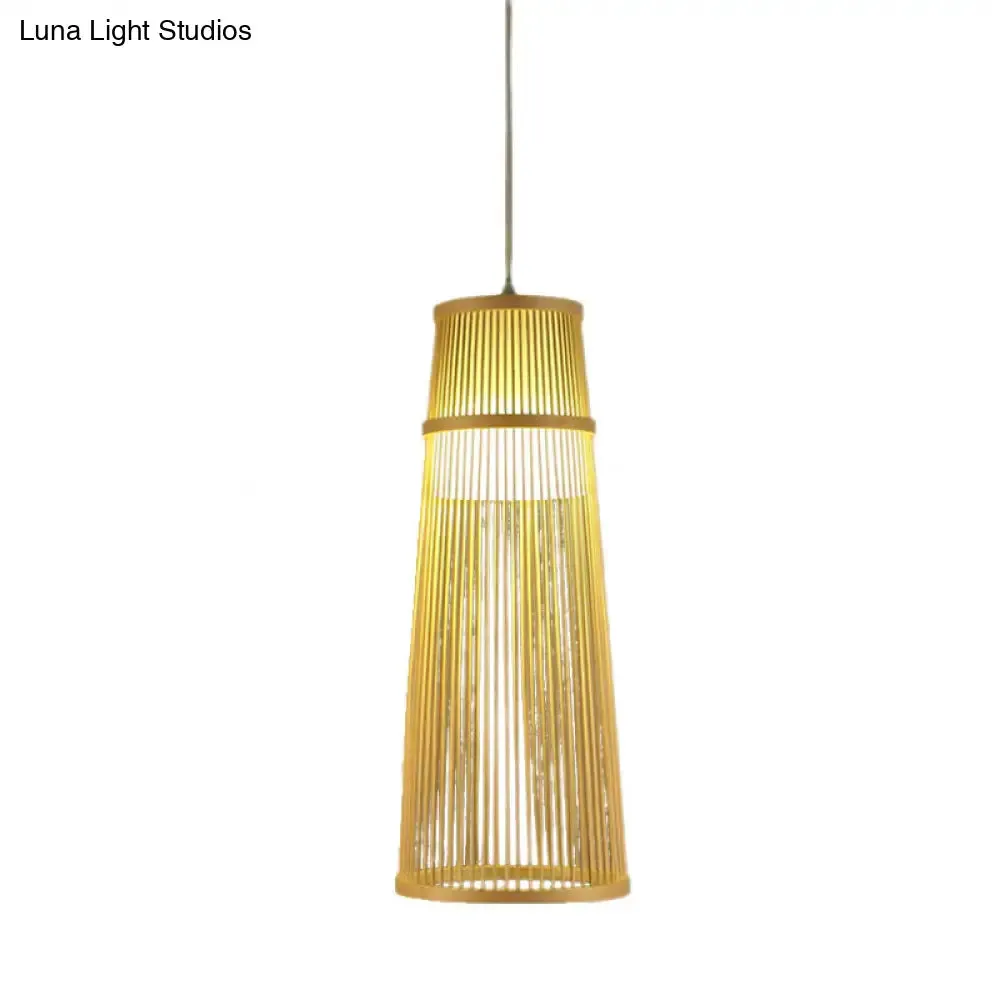 Beige Conical Drop Lamp - Asian Style - Bamboo Hanging Ceiling Light for Living Room