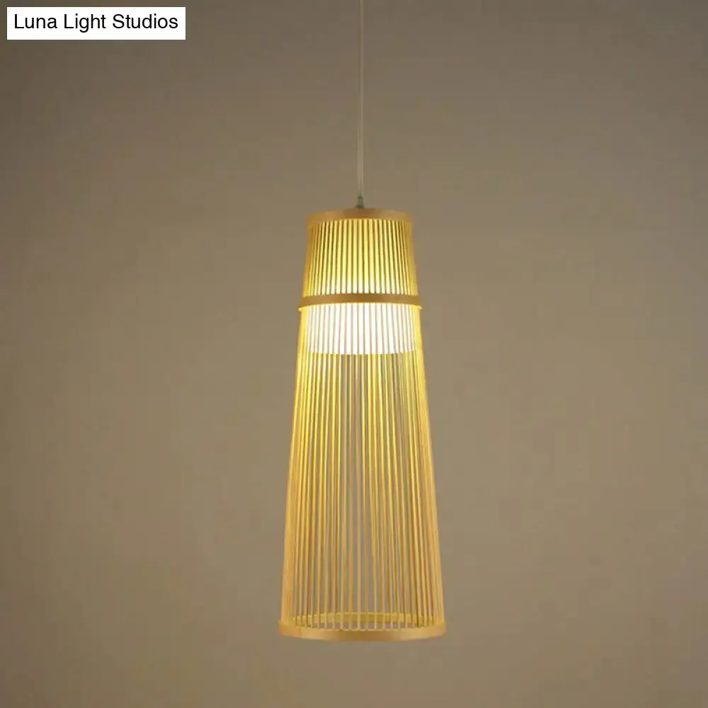 Beige Conical Drop Lamp - Asian Style - Bamboo Hanging Ceiling Light for Living Room