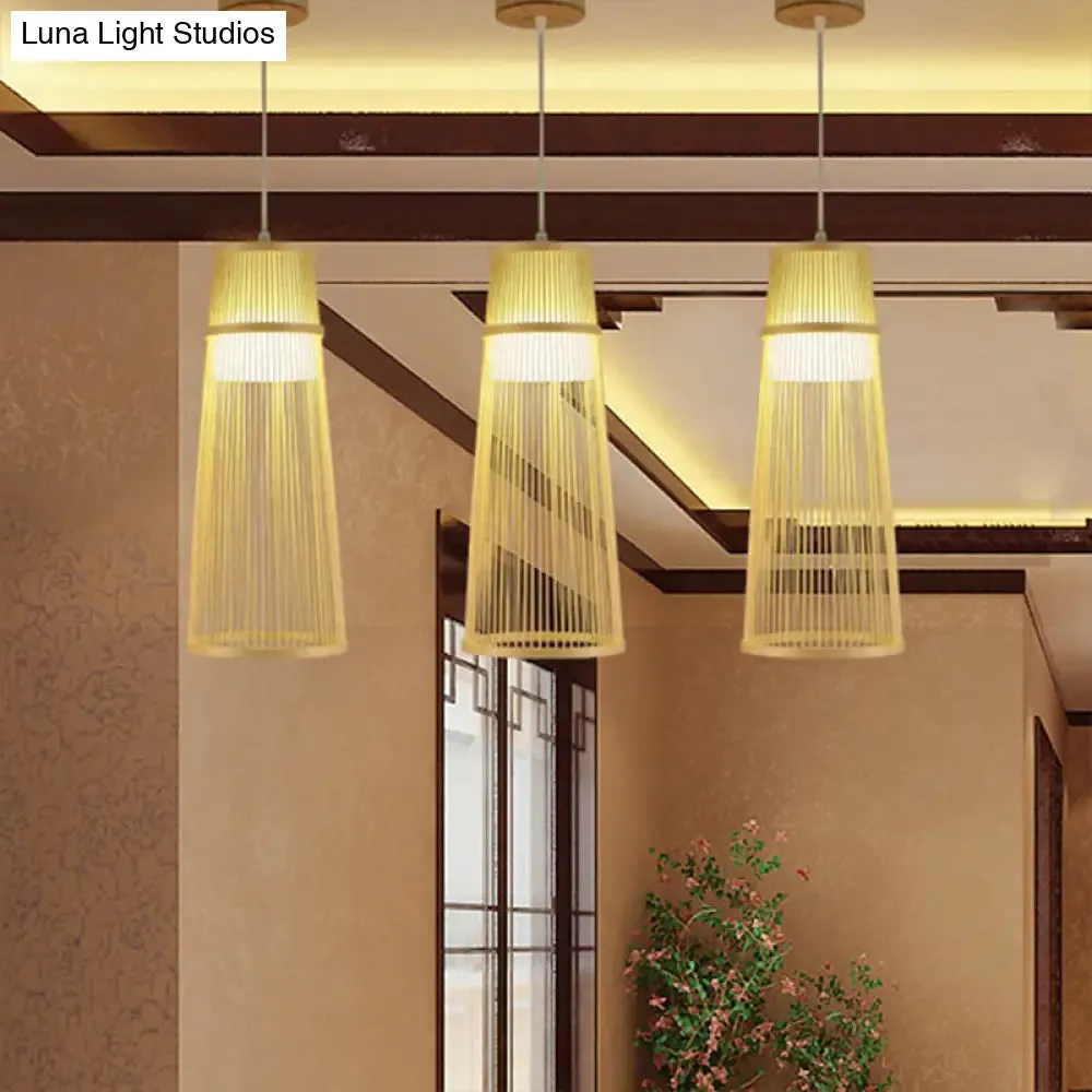 Beige Conical Drop Lamp - Asian Style - Bamboo Hanging Ceiling Light for Living Room