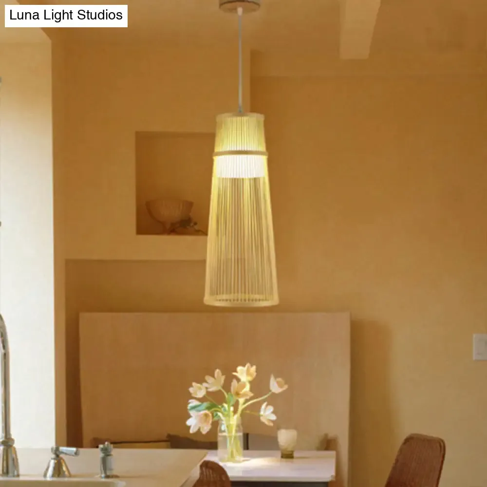 Beige Conical Drop Lamp - Asian Style - Bamboo Hanging Ceiling Light for Living Room