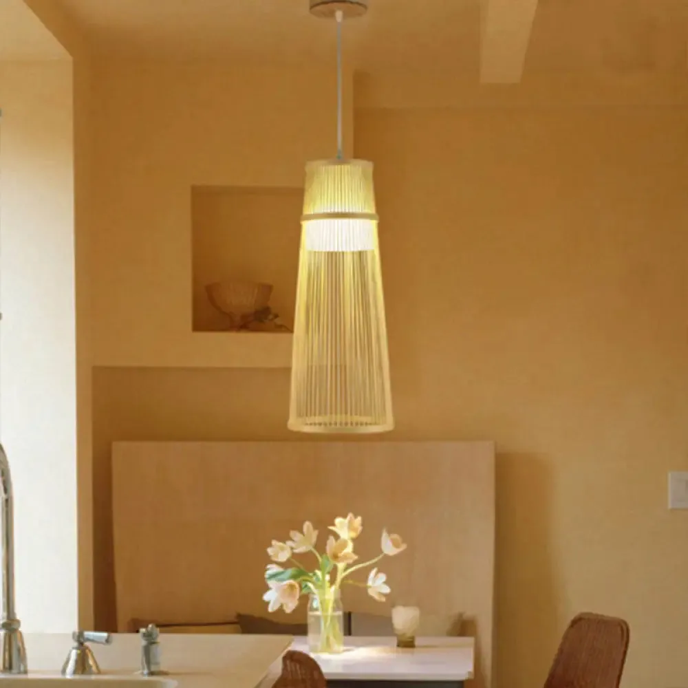 Beige Conical Drop Lamp - Asian Style - Bamboo Hanging Ceiling Light for Living Room