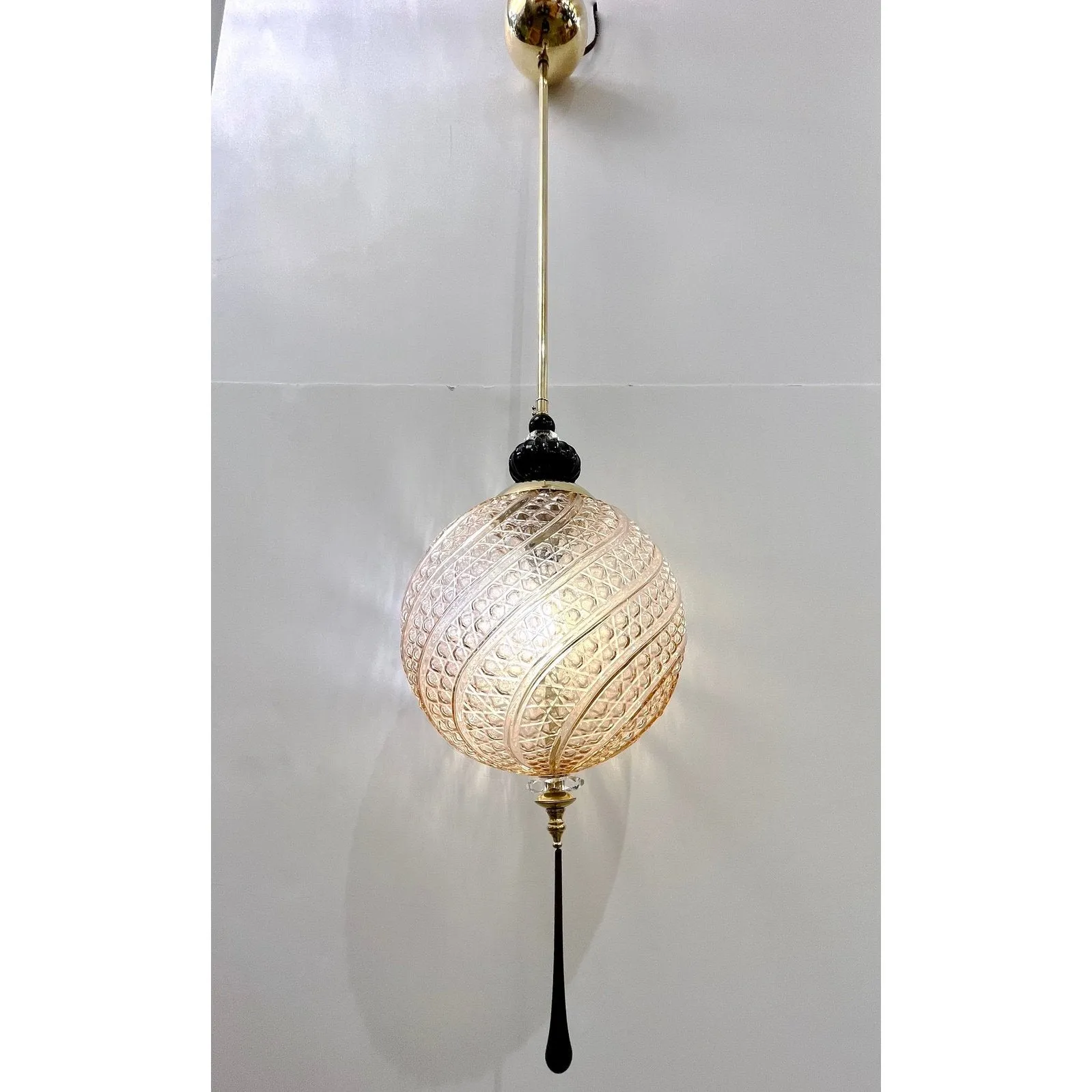 Bespoke Italian Black & Pink Crystal Murano Glass Brass Pendant Big Globe Light