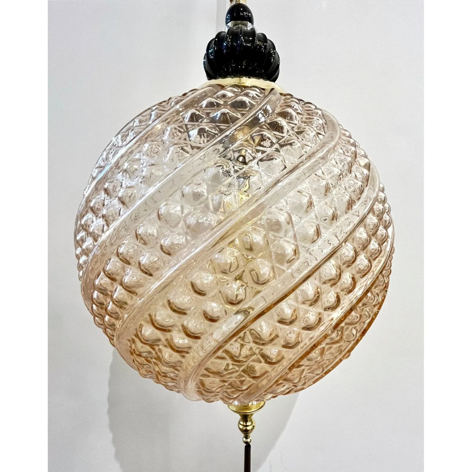 Bespoke Italian Black & Pink Crystal Murano Glass Brass Pendant Big Globe Light