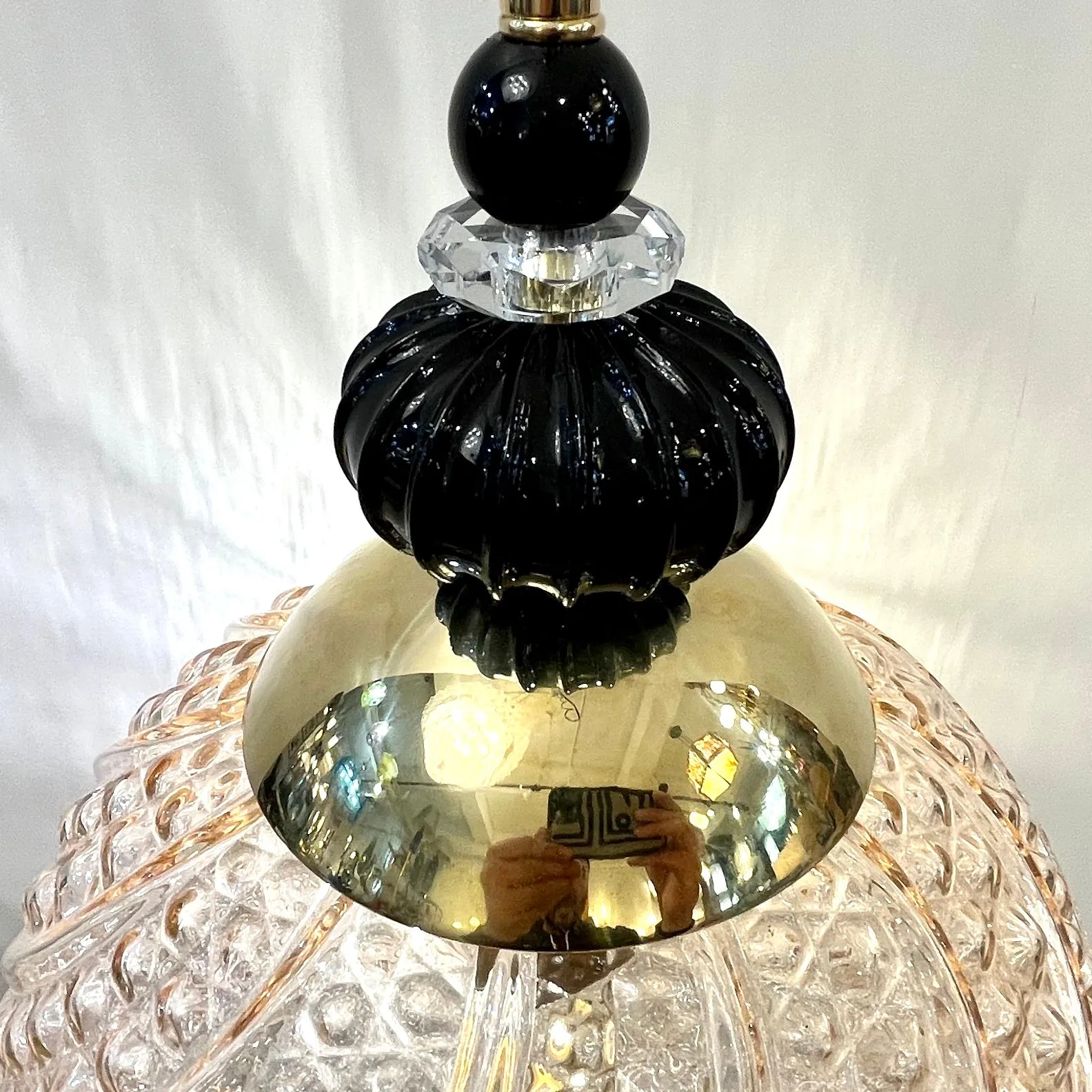 Bespoke Italian Black & Pink Crystal Murano Glass Brass Pendant Big Globe Light