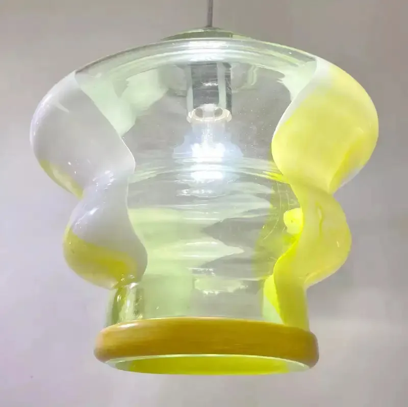 Bespoke Italian Organic Lemon Yellow White Step Tulip Murano Glass Pendant Light