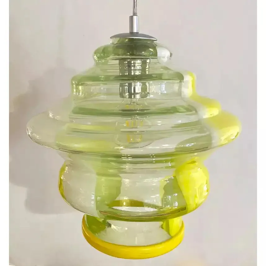 Bespoke Italian Organic Lemon Yellow White Step Tulip Murano Glass Pendant Light