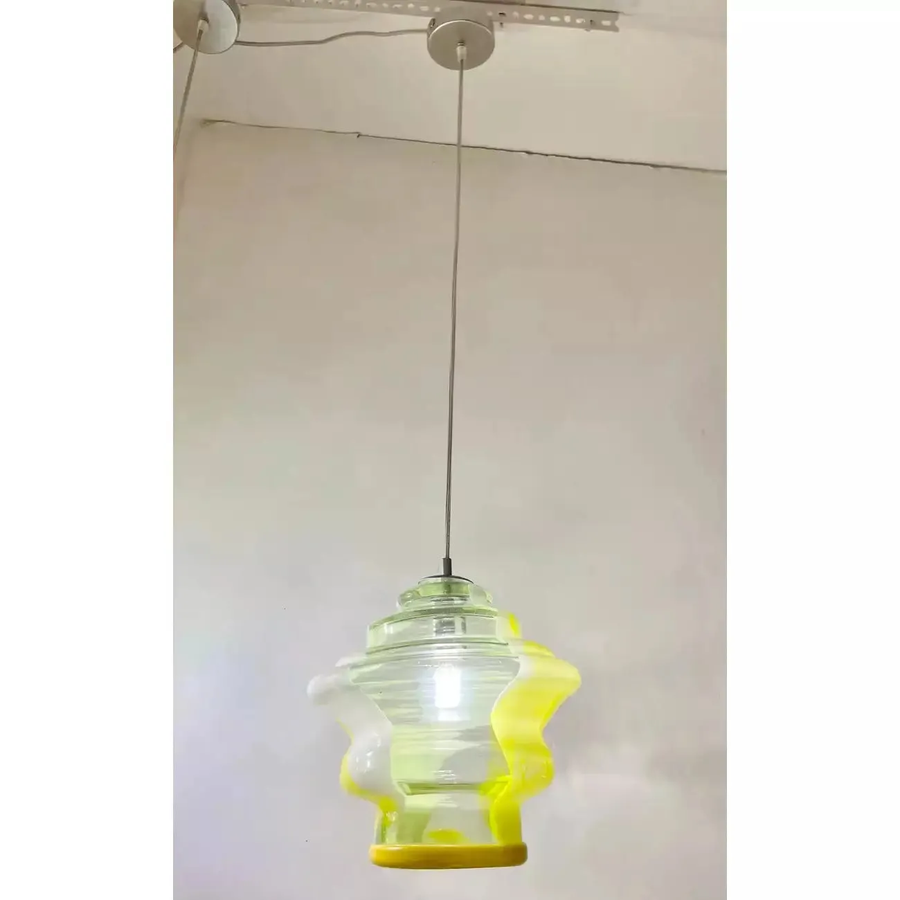 Bespoke Italian Organic Lemon Yellow White Step Tulip Murano Glass Pendant Light