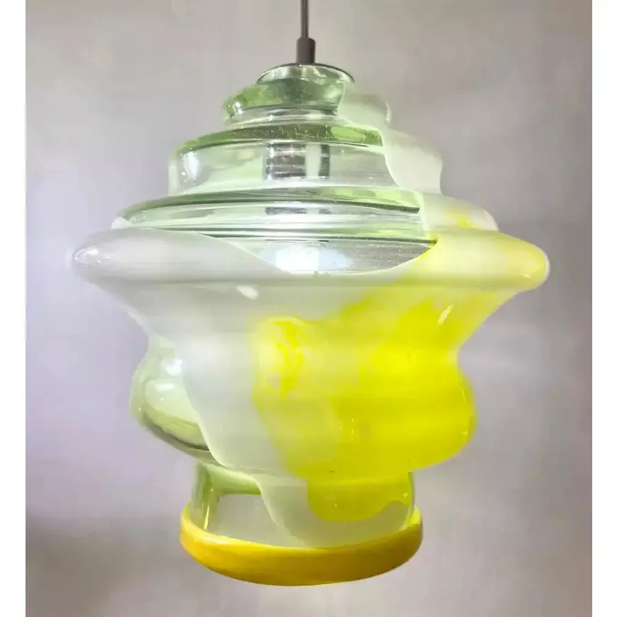 Bespoke Italian Organic Lemon Yellow White Step Tulip Murano Glass Pendant Light