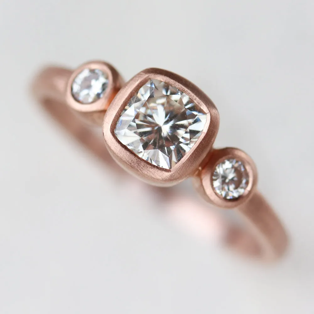 Bezel-set Cushion Three Stone Ring