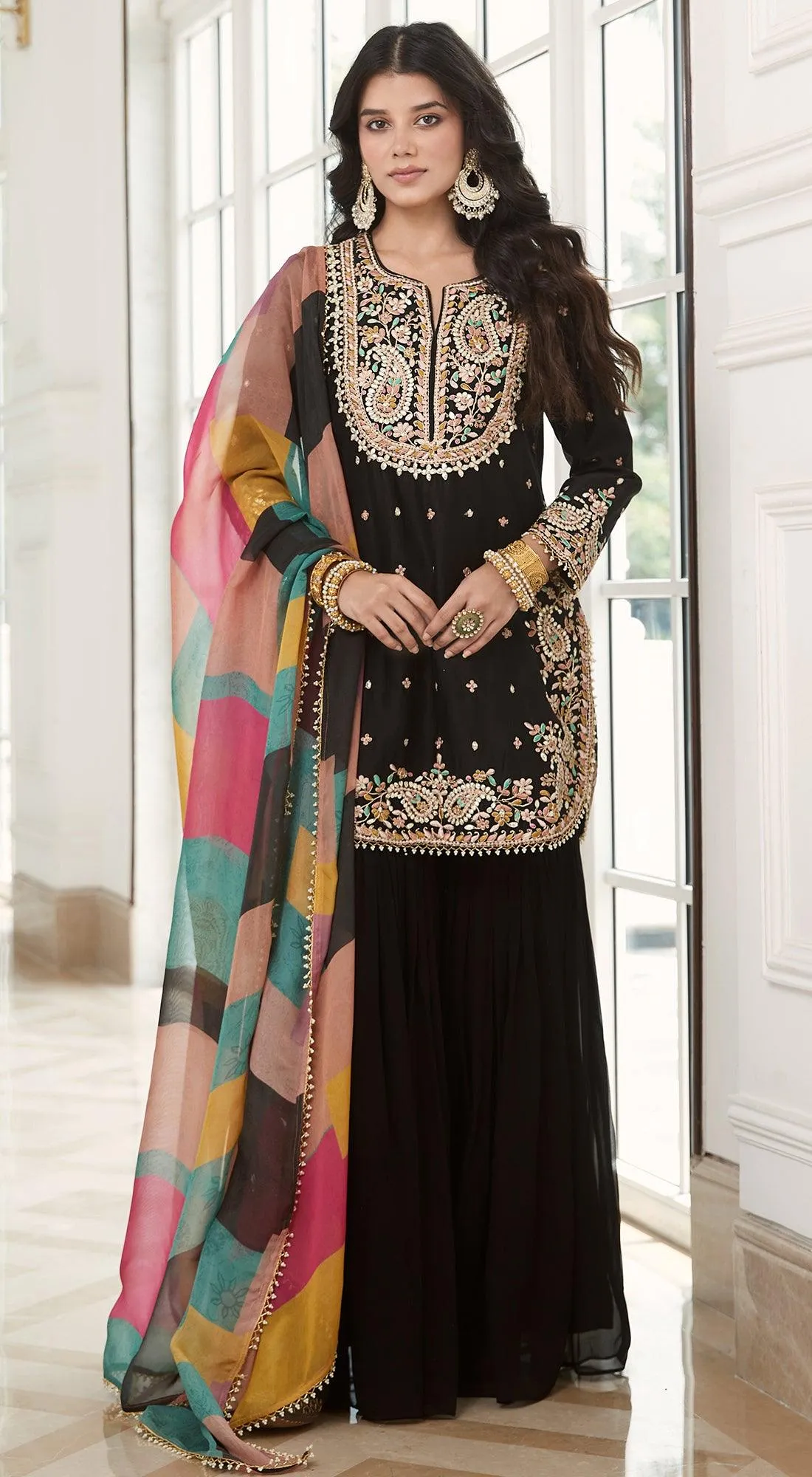 Black Embroidered Sharara Set