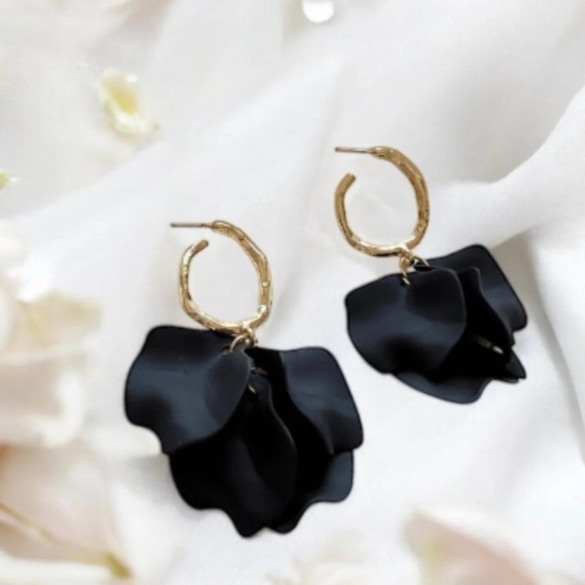 Black - flower earrings | unique dangle petals earrings | golden baroque floral earrings | bridal party wedding earrings