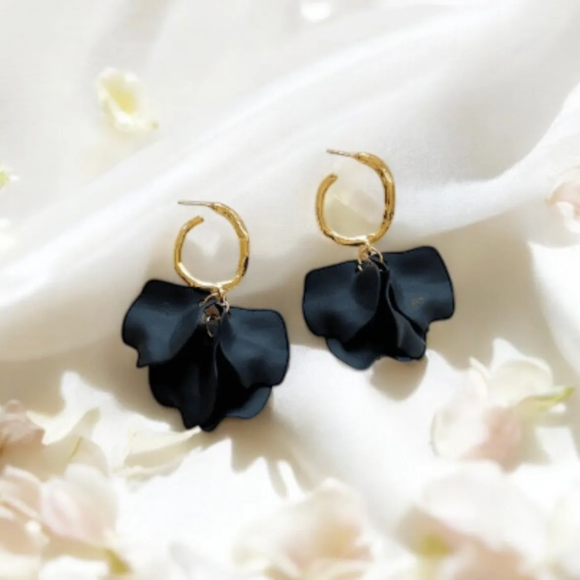 Black - flower earrings | unique dangle petals earrings | golden baroque floral earrings | bridal party wedding earrings