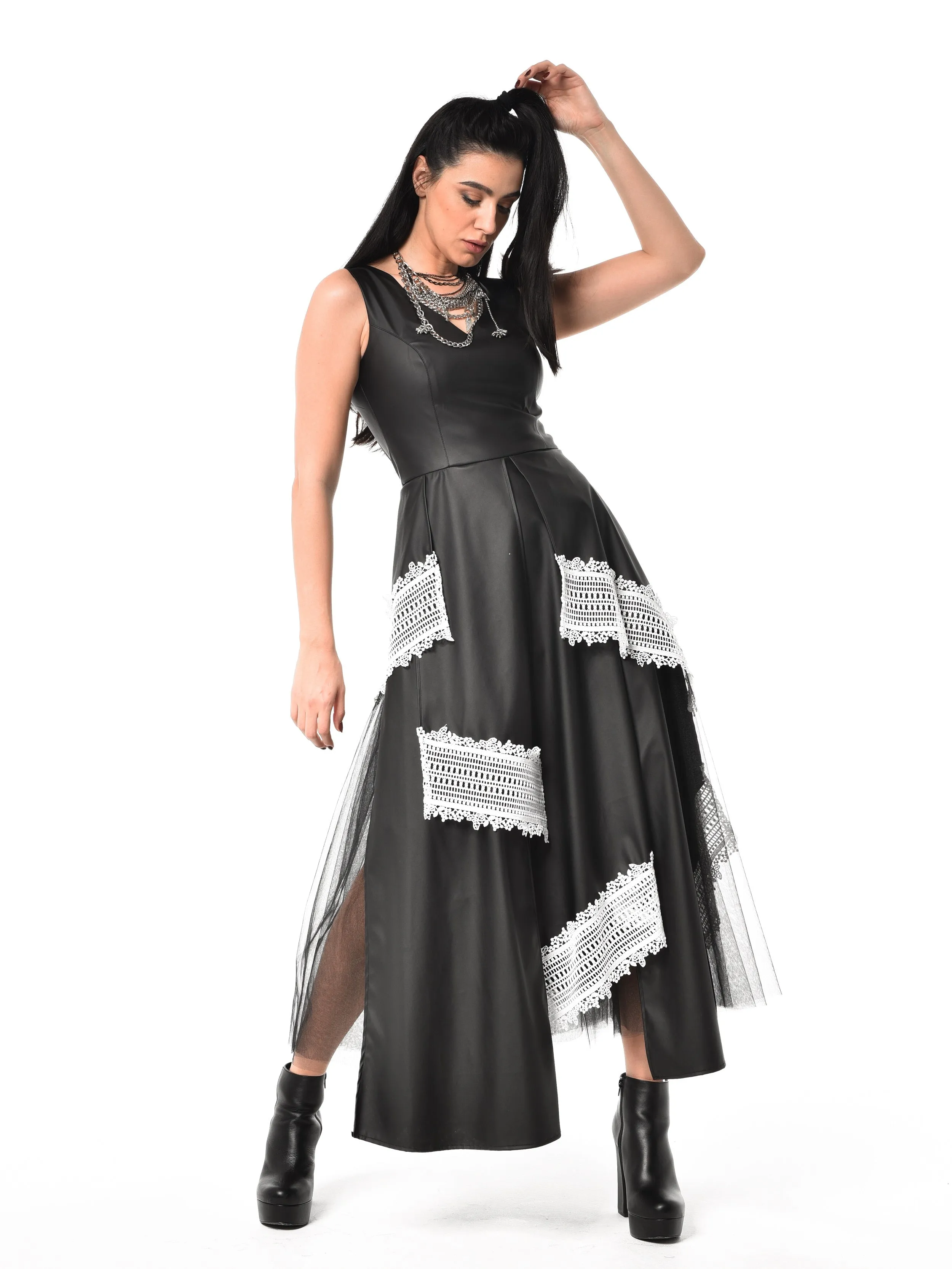 Black Vegan Leather Dress with Tulle and Lace