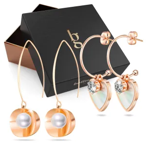 Boxed Sparkly Love Shaped Studs & Earthy Pearl Core Hook Earrings Set in Rose Gold