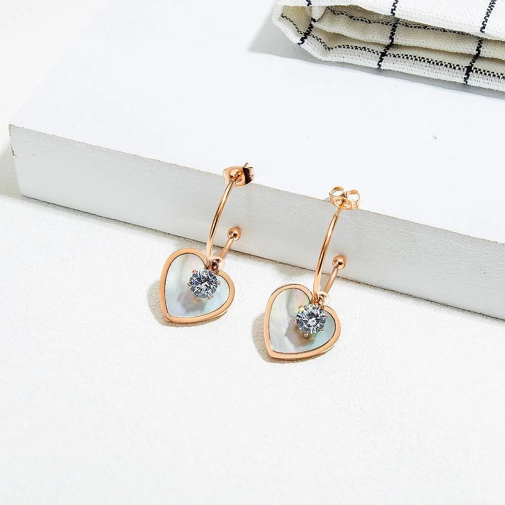 Boxed Sparkly Love Shaped Studs & Earthy Pearl Core Hook Earrings Set in Rose Gold