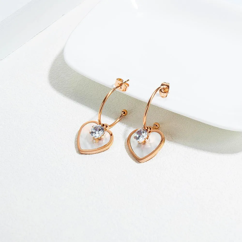 Boxed Sparkly Love Shaped Studs & Earthy Pearl Core Hook Earrings Set in Rose Gold