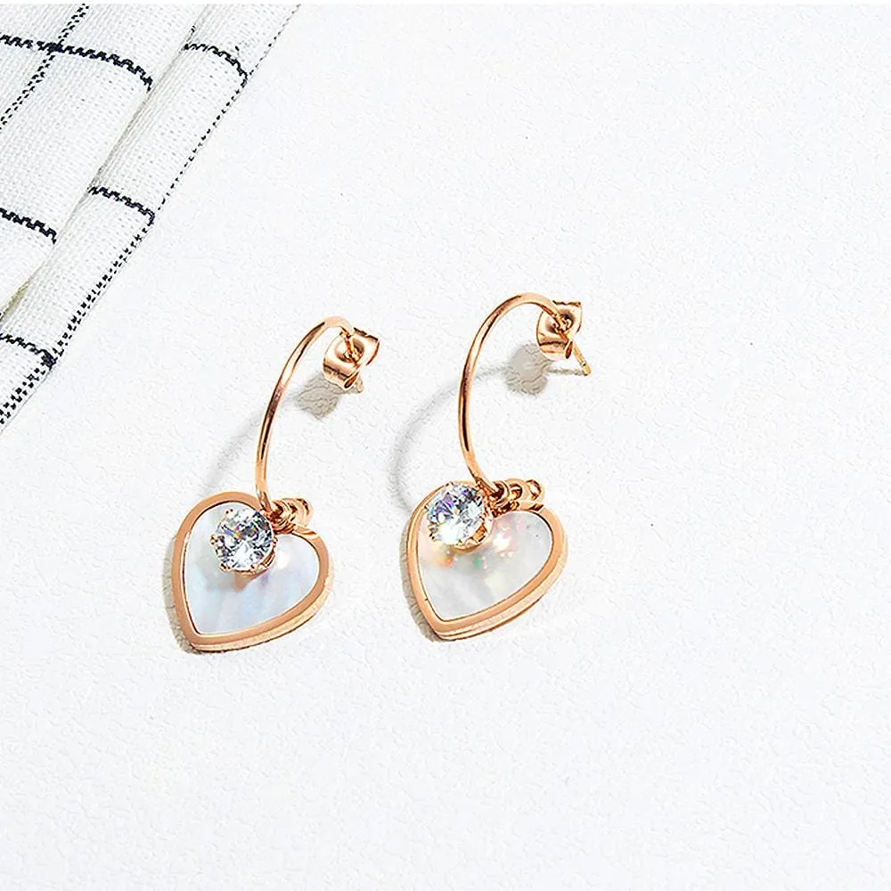 Boxed Sparkly Love Shaped Studs & Earthy Pearl Core Hook Earrings Set in Rose Gold