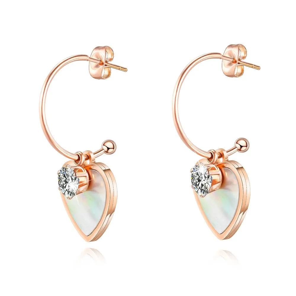 Boxed Sparkly Love Shaped Studs & Earthy Pearl Core Hook Earrings Set in Rose Gold