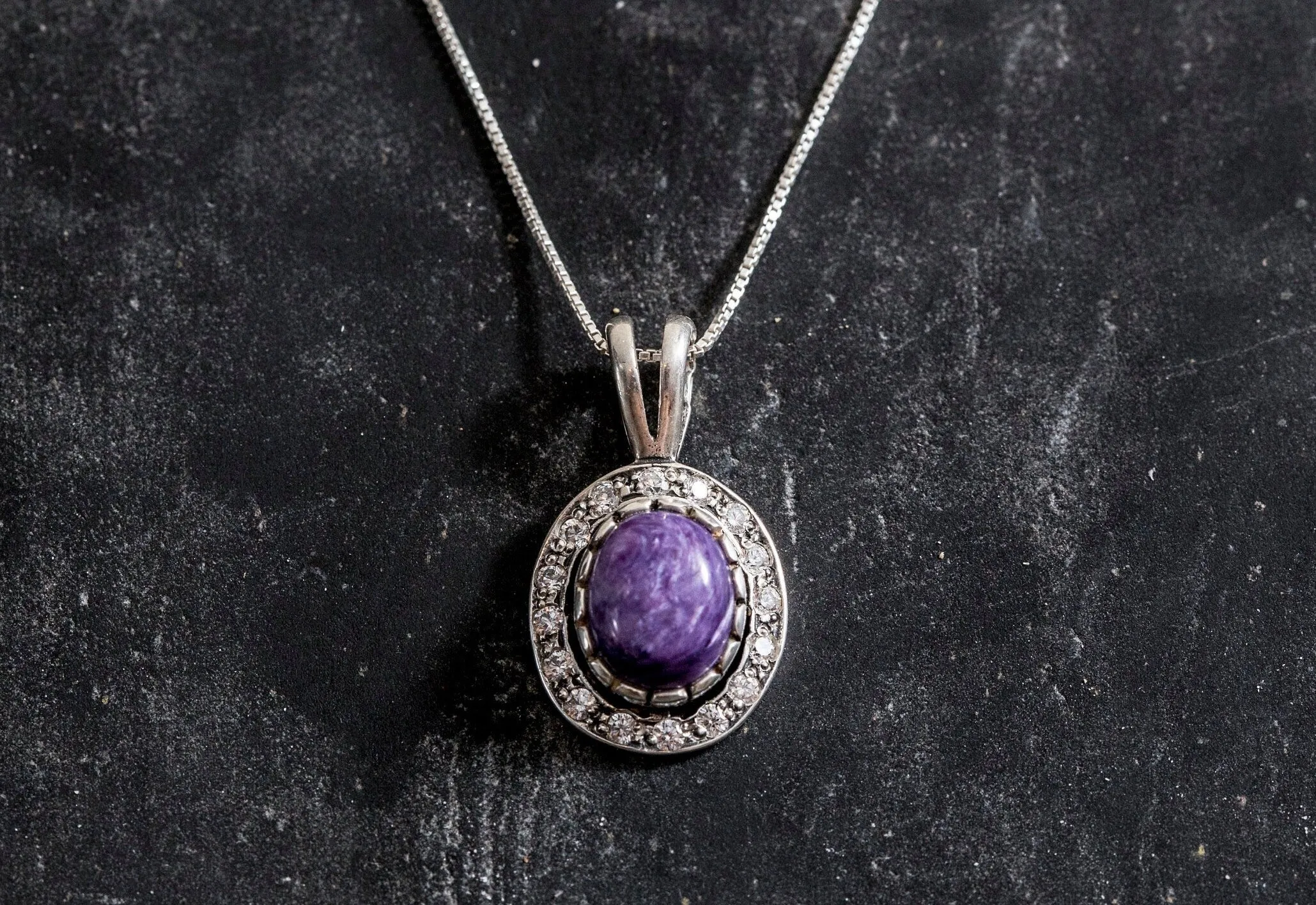 Charoite Halo Pendant - Victorian Purple Necklace - Purple Antique Necklace