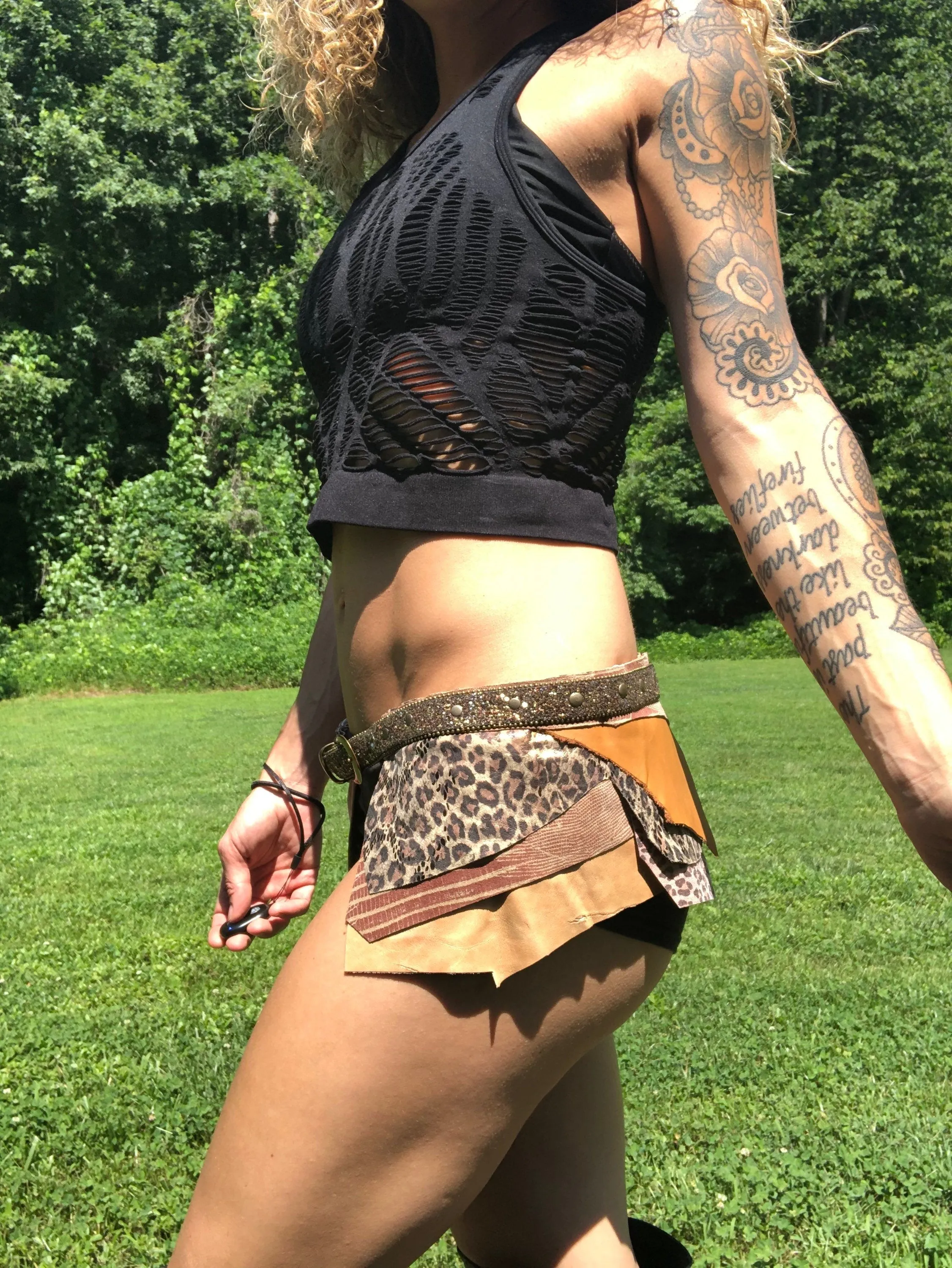 CLEARANCE, KITTY KITTY, Leather Festival Belt, Leather Utility Belt, Earthy Goddess Rave Skirt, Belly dance belt