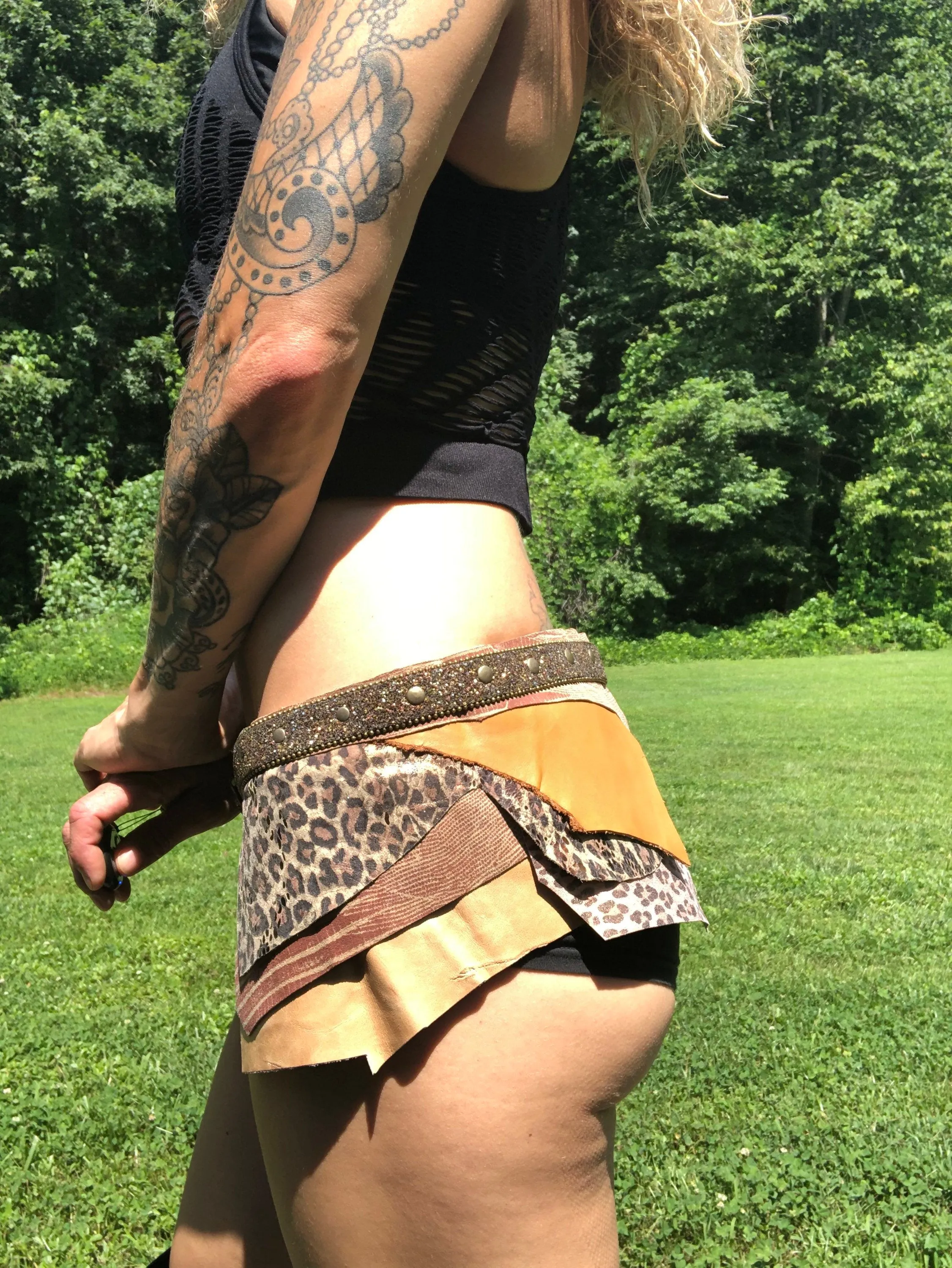 CLEARANCE, KITTY KITTY, Leather Festival Belt, Leather Utility Belt, Earthy Goddess Rave Skirt, Belly dance belt