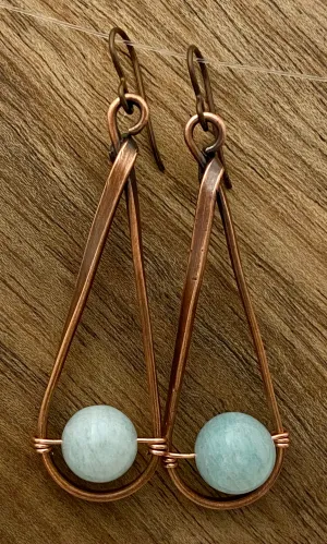 Copper teardrop hoops with amazonite