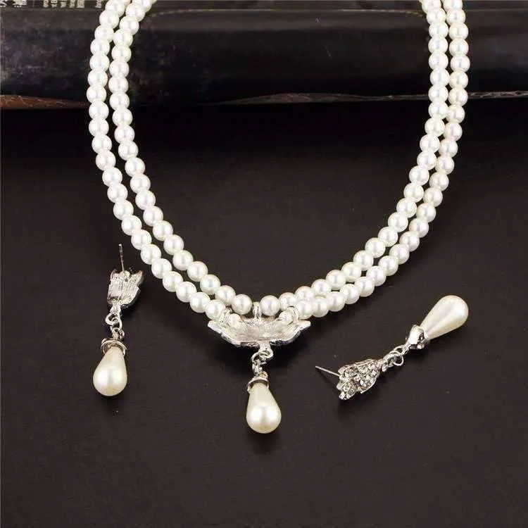 Crystal Medallion Two Strand Ivory Pearl Bead Necklace and Earring Set