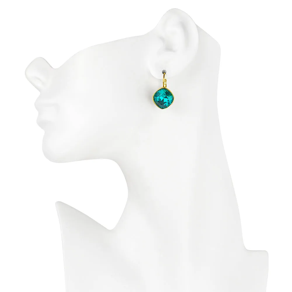 Cushion Cut 12mm Leverback Earrings (Goldtone/Teal)